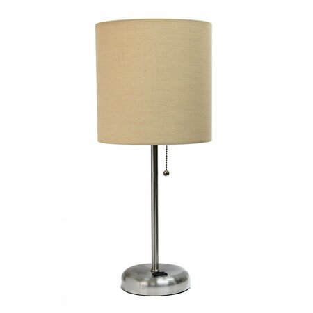 CREEKWOOD HOME Oslo 19.5in Contemporary Power Outlet Base Metal Table Lamp, Brushed Steel, Tan Drum Fabric Shade CWT-2009-TN